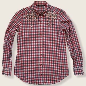 Zara Pearl Embellished Gingham Check Snap Front Western Collared Shirt